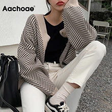 Load image into Gallery viewer, Knitted Striped Cardigan Sweater Women Fashion Patchwork Top Autumn Winter 2020 Long Sleeve Casual Outwears V Neck Buttons Coat